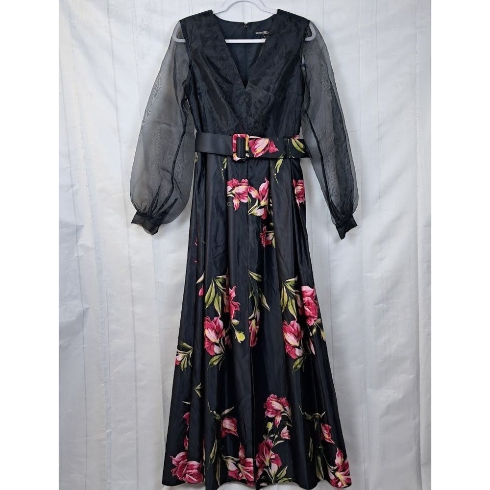 Betsy & Adam 6 Organza-Sleeve Floral on Black Belted Satin Gown Plunging V-Neck - Picture 4 of 11